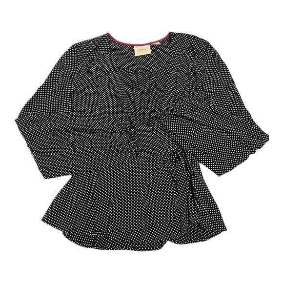 Anthropologie Tops - Anthropologie Womens Maeve Wrap Blouse Top Black White Polka Dot Size 4